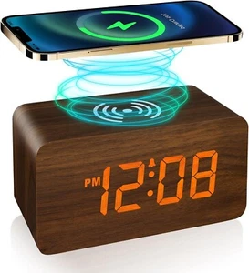 Wooden Digital Alarm Clocks with Wireless Charging for Bedrooms LED Display - Picture 1 of 6