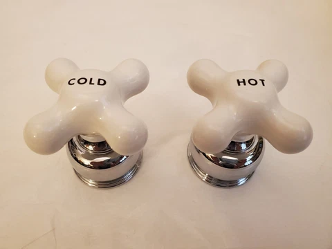 VINTAGE WHITE CERAMIC HOT/COLD WATER HANDLE FIXTURES - PRE OWN/USED Cover