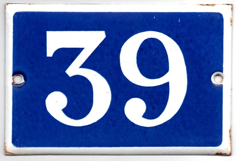 Old blue French house number 39 door gate plate plaque enamel steel metal sign Cover