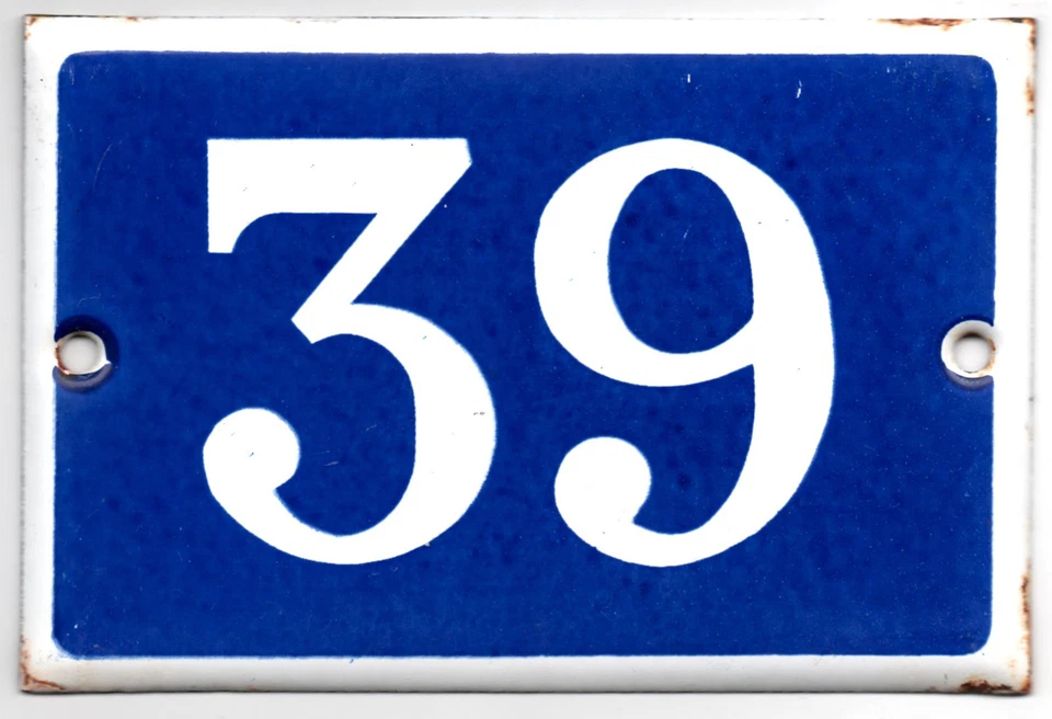 Old blue French house number 39 door gate plate plaque enamel steel metal sign - Image 1 of 1