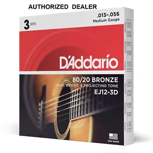 3 juegos de cuerdas de guitarra acústica EJ12 80/20 bronce mediano 13-56 D'Addario EJ12-3D - Imagen 1 de 14