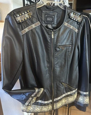 Chaqueta Moto Hebilla Negra Envejecida Cuero Sintético Bordada Tachonada Mujer L Foto 1 de 4