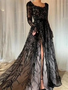 Elegante Vestido de Noche Largo Mangas Completas Cuentas Apliques Cuello Redondo Personalizado - Imagen 1 de 9