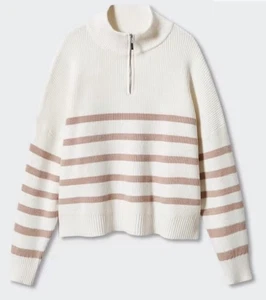 Mango Cream Tan Stripe Cropped Oversized Chunky 1/4 Zip Knit Plus 2X Oversized - Picture 1 of 12