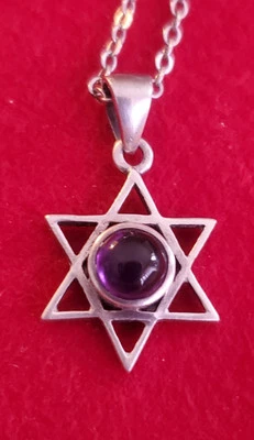 Sterling Silver 925 & Deep Purple Amethyst Stone Star of David Pendant Necklace  - Image 1 of 4