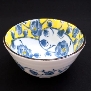 Rice Bowl D4.7in Japanese Oribe ware [Yellow Peony] Yellow & Blue Standard - Picture 1 of 9