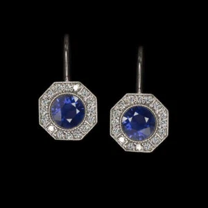 2.36ct SAPPHIRE DIAMOND DROP EARRINGS VINTAGE STYLE DANGLE ART DECO HALO BLUE - Picture 1 of 1