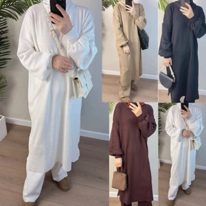 Women Muslim Knitted Sweater Long Dress Tops Wide Leg Pants 2pcs Set Abaya Loose - Picture 1 of 23
