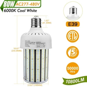 LED Light Bulb 80W 277-480V 0.3A High Bay Lamp  - Picture 1 of 12