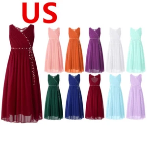 Kid Girls Dress Chiffon Beaded Bridesmaid Cutout Back Formal Gown Birthday Party - Picture 1 of 56