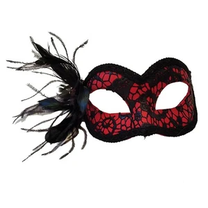 Authentic Italian Made Venetian Colombina Red Black Feather Lace Masquerade Mask - Picture 1 of 1