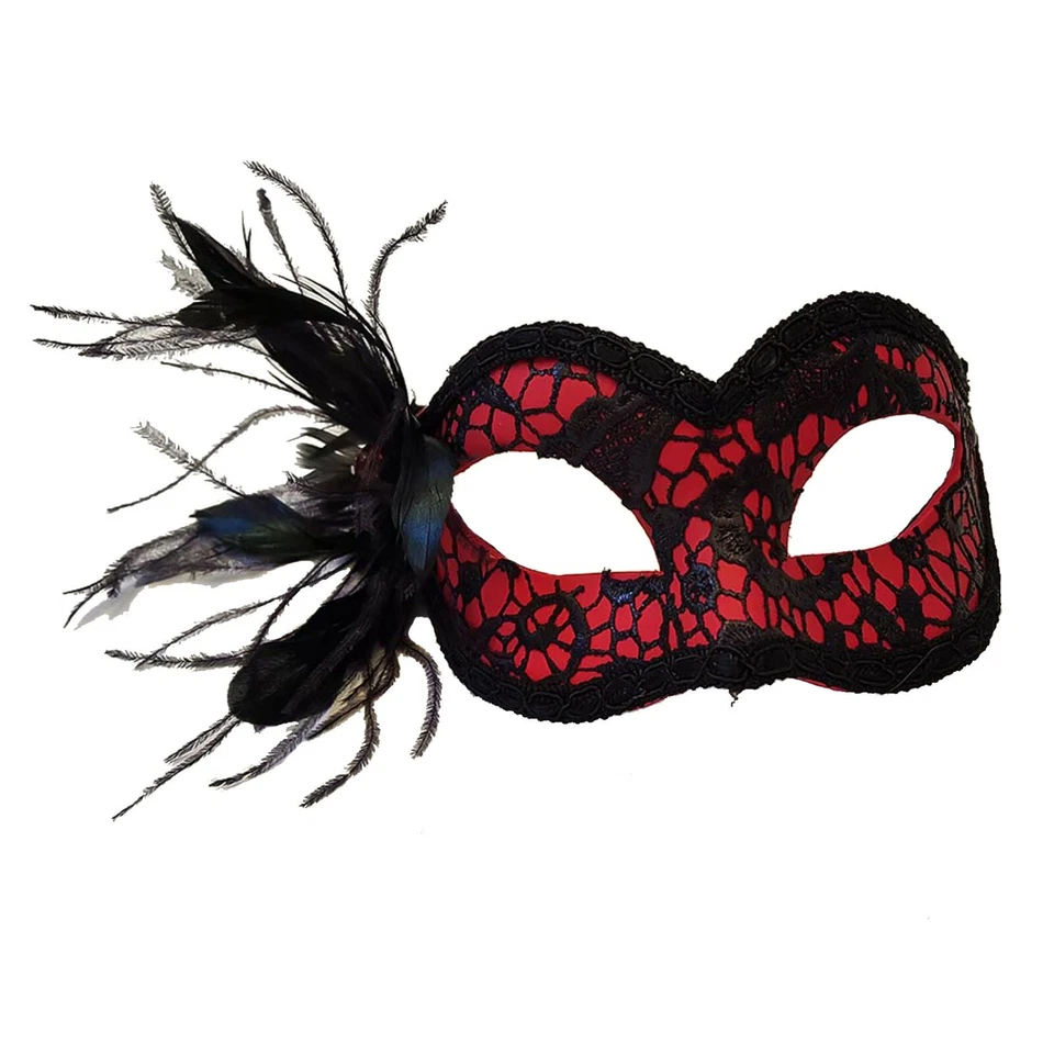 Authentic Italian Made Venetian Colombina Red Black Feather Lace Masquerade Mask - Image 1 of 1
