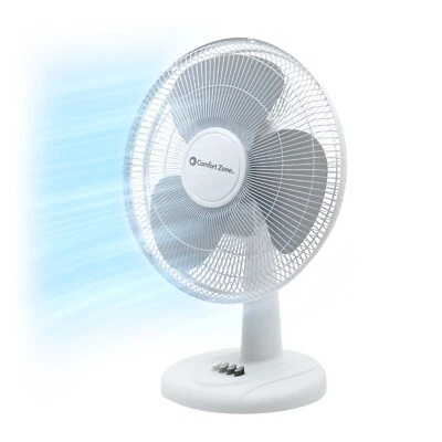Comfort Zone Oscillating Table Fan, 12 Inches, 3 Speeds, Adjustable Tilt, White - Image 1 of 4