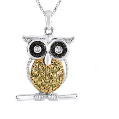 Collar Colgante Búho Chapado en Oro 14K Diamante Redondo 1/10 Ct con Cadena 18" $377.52 Foto 1 de 3