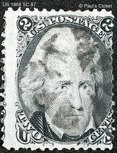 US ~2¢ JACKSON BLACK W/ "E" GRILL 1868 SC 87 USED NO GUM CORK CANCEL F/VF - Picture 1 of 2