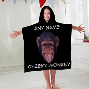 Kids Personalised Hooded Towel Poncho Cheeky Monkey Childrens Bathrobe Swim - Picture 1 of 2