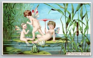 ÁNGELES VICTORIANOS SALUDO DE NAVIDAD QUERUBINES RANA LIRIO PAD FANTASÍA MÍTICA SIGLO 1800 - Imagen 1 de 2