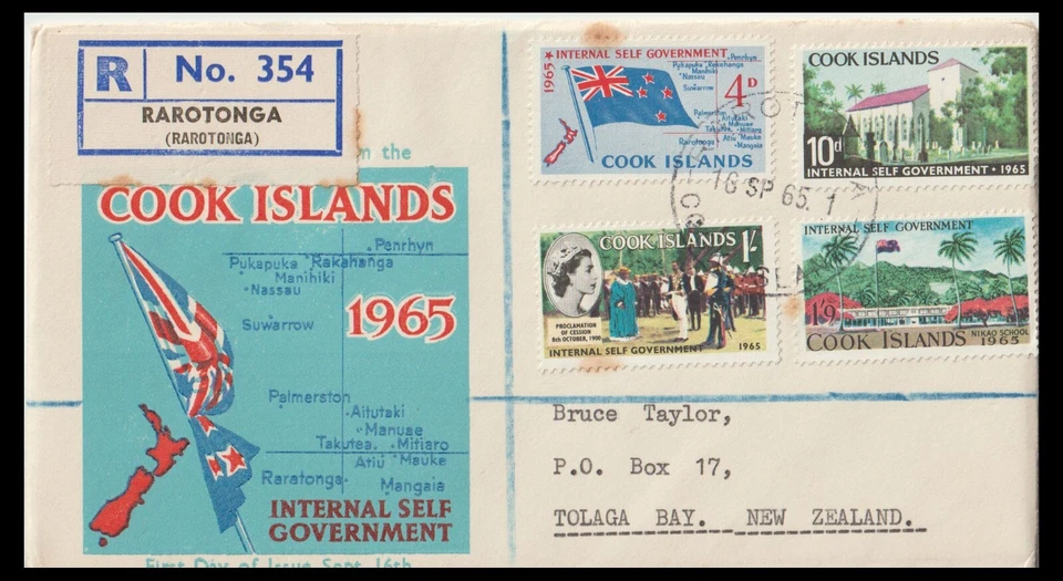 COOK ISLANDS 1965 AUTOGOBIERNO CUBIERTA A LA BAHÍA DE TOLAGA (JF) R NO. 354 Foto 1 de 1