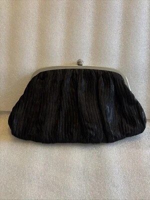 Vintage Neiman Marcus Black Silk Clutch Purse With Silver Chain Phinestone Clasp - Image 1 of 4