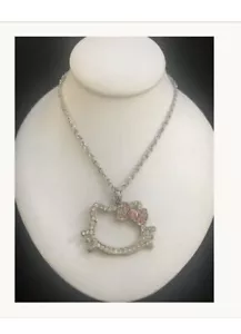 Hello Kitty necklace With Pink Bow Radium Plated Reflective Crystals Rhinestones - Picture 1 of 10