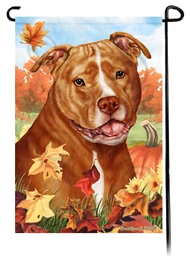 Falling Leaves Garden Flag - Uncropped Orange and White Pit Bull - Picture 1 of 1