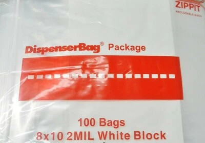 100 Reloc Zippit Bags 8x10 White Block 2mil Zip Seal Reclosable Writeable 8x 10" - Image 1 of 4