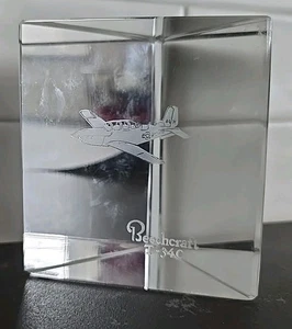 KOSTA BODA Cube Etched Glass BEECHCRAFT T-34C AirPlane Paperweight Figurine  - Picture 1 of 4