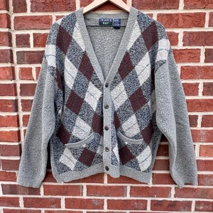 VTG Argyle Grandpa Cardigan Sweater Mens Large Green Brown Preppy Trader Bay - Picture 1 of 12