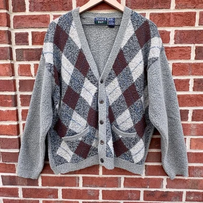 VTG Argyle Grandpa Cardigan Sweater Mens Large Green Brown Preppy Trader Bay - Image 1 of 4
