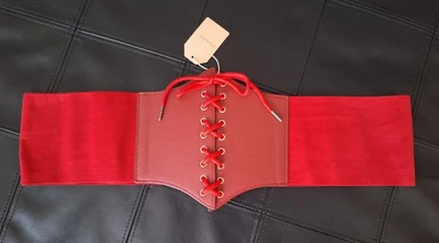 NEW Red Elastic Leather Lace up Front Button Back Closure Corset Wide Belt 43x5  - Image 1 of 4