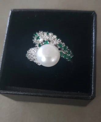 Estate Pearl & Emerald Bypass Ring - Sz 8 - Missing Stone - Image 1 of 4