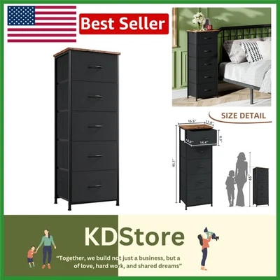 Cómoda alta moderna negra y marrón rústica de 5 cajones con contenedores de tela extraíbles Foto 1 de 4