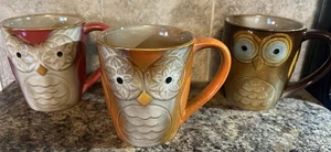 Elite Couture By Gibson Set Of 3 Owl Mugs, Raised Pattern, Orange, Brown, Red - Picture 1 of 6