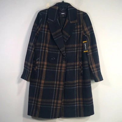Abrigo clásico de solapa a cuadros de moda DKNY, para mujer talla M - negro/marrón Foto 1 de 4