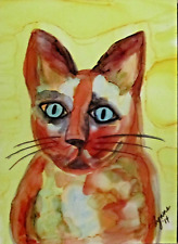 Aceo  art PRINT colorful calico CAT on yellow by Lynne Kohler 2.5x3.5"