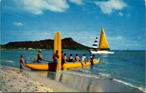 Postcard Waikiki Beach Hawaii HI Yellow Surfboard, Canoe, Sail Boat People - Picture 1 of 2