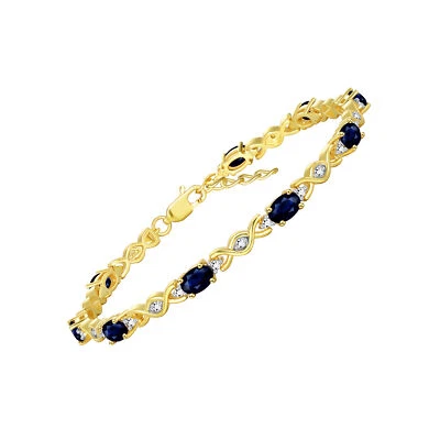 RYLOS SAPPHIRE & DIAMOND TENNIS BRACELET YELLOW GOLD PLATED SILVER 7-8"  - Image 1 of 4