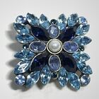 Vintage 90s Shades of Blue Rhinestone Maltese Cross Pin Faux Pearl Center Square