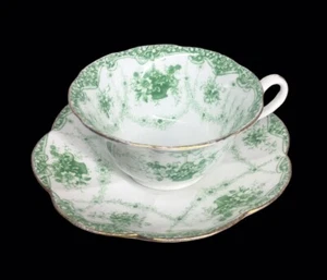 Wileman Foley China Inglaterra Antiguo Juego de Taza y Platillo Cesta de Flores Verde - Imagen 1 de 14