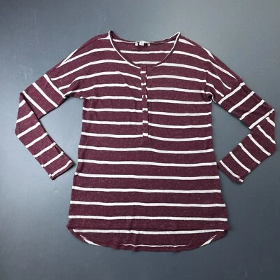 Volcom Seven Days Henley Top Women’s Medium Burgundy Striped Long Sleeve Casual - Image 1 of 4