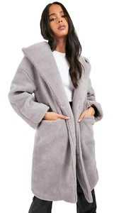 BOOHOO Petite Long Sleeve Grey Teddy Coat Oversized Hooded BNWT Women's UK 6 - Picture 1 of 20