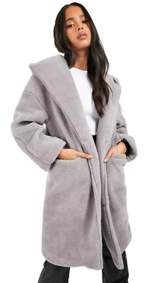 BOOHOO Teddy Coat Petite Long Sleeve Grey Oversized Hooded BNWT Women's UK 6 - Image 1 of 4