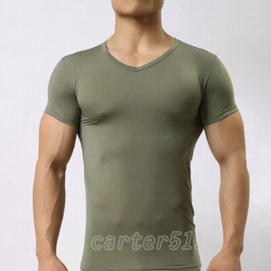 Camisetas básicas de verano informales de seda helada delgadas ajustadas sin costuras con cuello en V para hombre - Imagen 1 de 15
