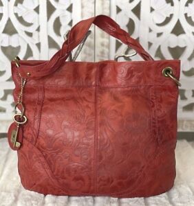 FOSSIL Winslet RED Leather Embossed Tooled Large Hobo Shoulder Handbag Tote