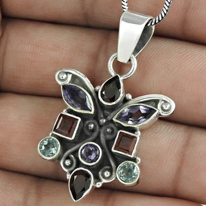 Natural Garnet Gemstone Pendant 925 Sterling Silver Indian Jewelry For Women - Picture 1 of 12