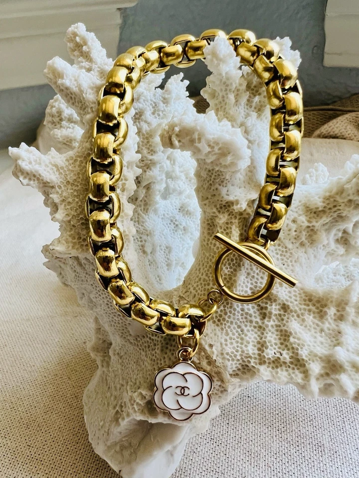 CHANEL Zipper Pull White Flower Charm On Unbranded Bracelet - Image 1 of 4