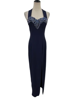 Vestido De Colección Años 90 Salto Azul Marino Columna Cuentas Lentejuelas Halter Talla 5/6 Glamour  Foto 1 de 4