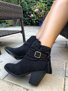 Bamboo Tension-11 Suede Tassel Chunky Stacked Heeled Almond Toe Western Booties - Picture 1 of 14