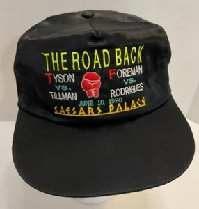 MIKE TYSON GEORGE FOREMAN CAP HAT THE ROAD BACK 1990 CAESARS PALACE BLACK SATIN - Picture 1 of 10
