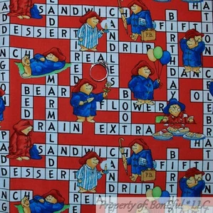 BonEful FABRIC FQ Cotton Quilt Red White Paddington Bear Crossword Puzzle Unisex - Picture 1 of 12